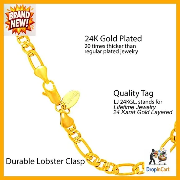 Gold Plated Anklet Swiss Diamond Cut Figaro Chain Elegant Minimal Chic